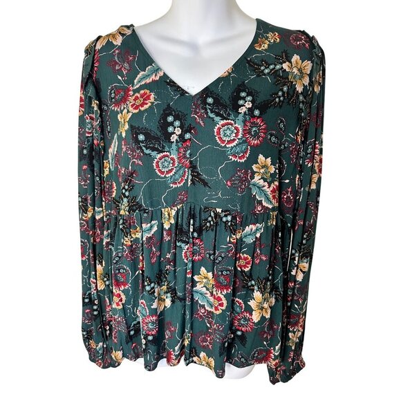 Nuture Floral Print Tiered Long Sleeve Blouse With V-Neckline Large Teal - Picture 1 of 8
